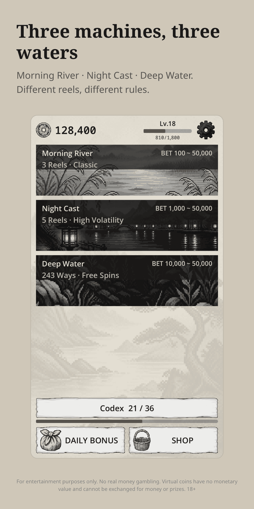 Reel Water Slots screen for choosing among fishing slot machines